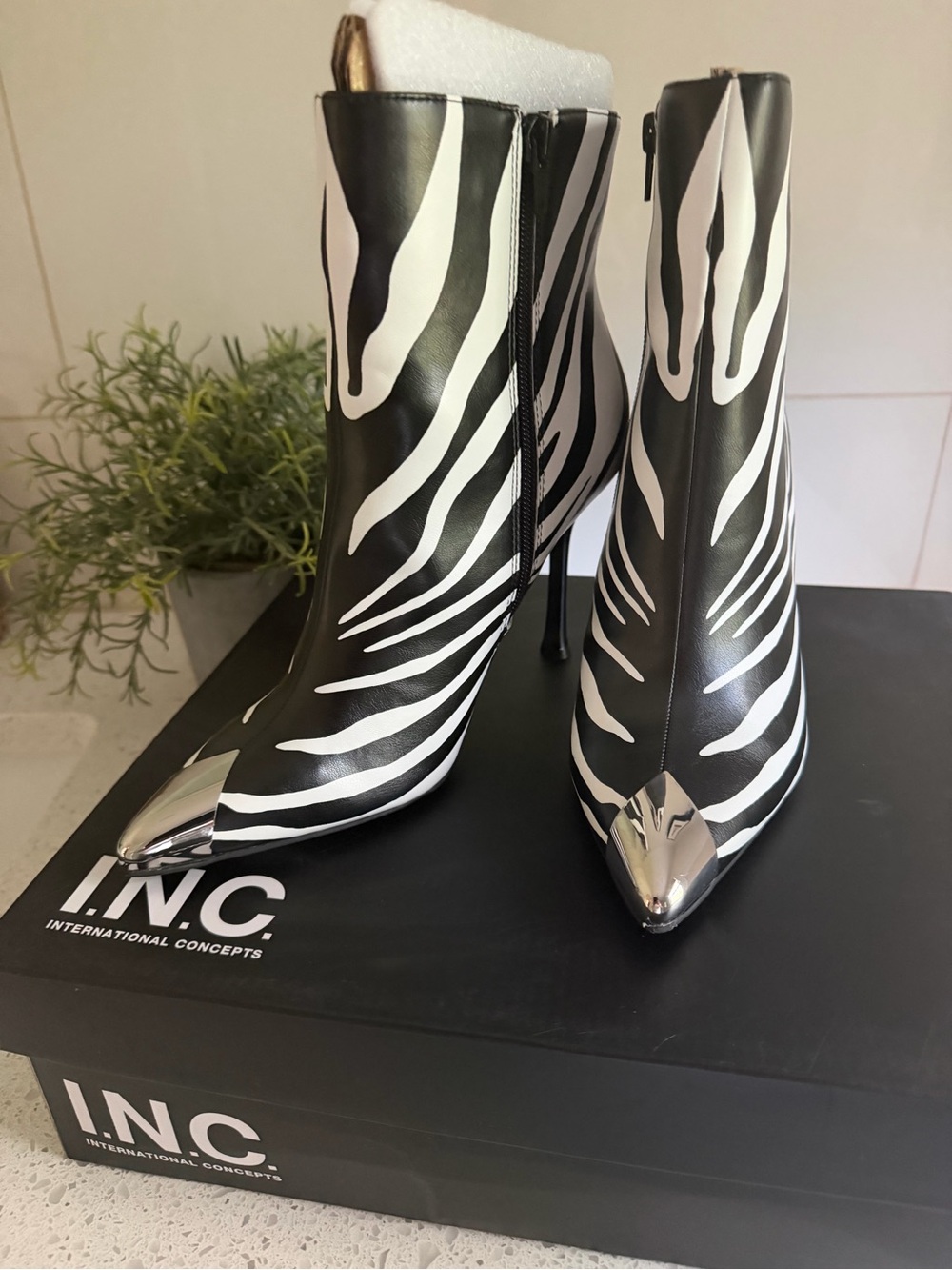INC International Concepts Black and White Zebra Print Pointed Toe Ankle Boots